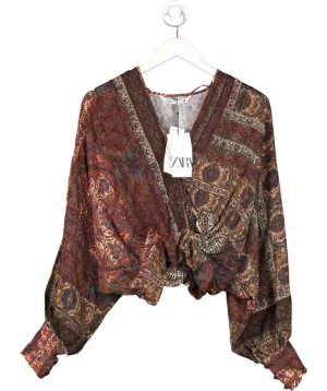 ZARA Brown Paisley Printed Wrap front Blouse UK XS