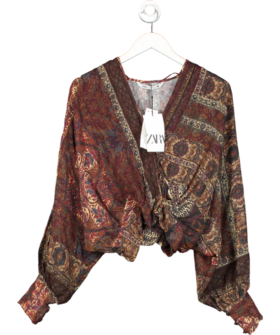 ZARA Brown Paisley Printed Wrap front Blouse UK XS