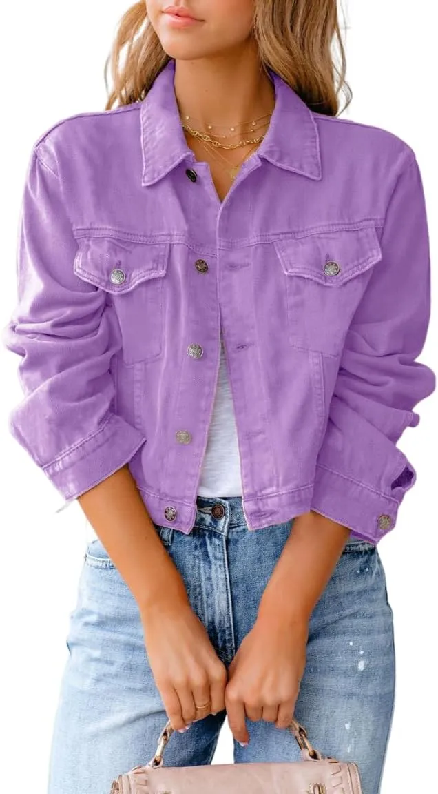 ZOCAVIA Womens Denim Jacket Casual Stretch Long Sleeve Button down Jean Jacket Lapel Cropped Denim Coat with Pockets