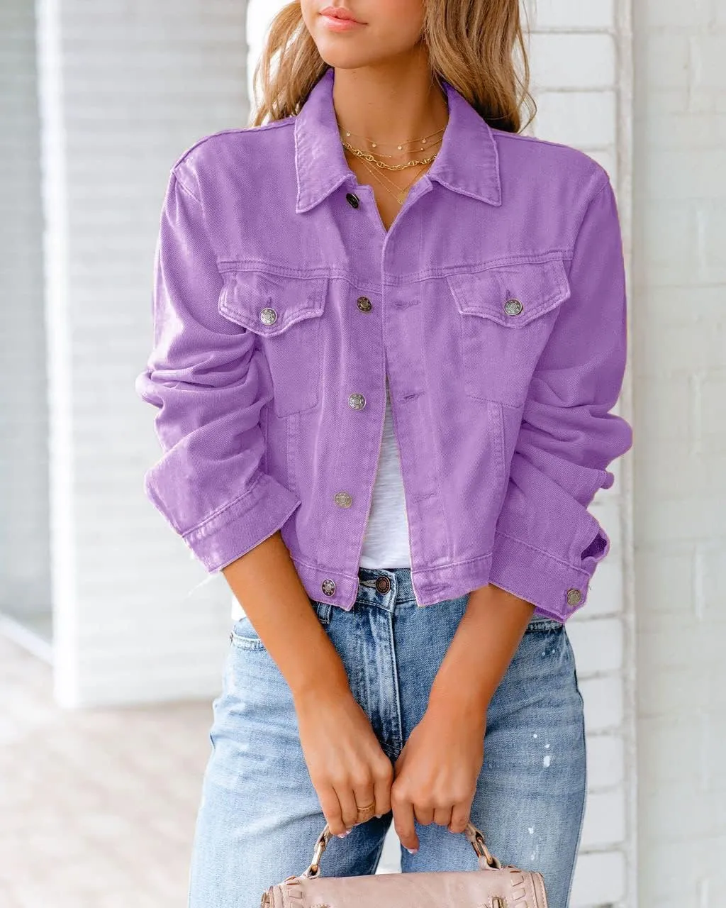 ZOCAVIA Womens Denim Jacket Casual Stretch Long Sleeve Button down Jean Jacket Lapel Cropped Denim Coat with Pockets