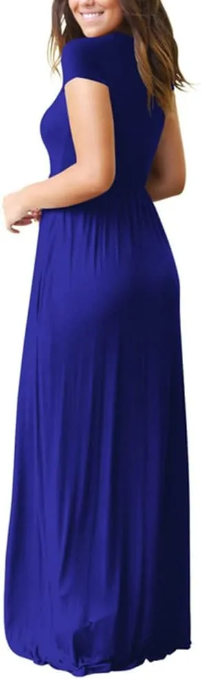 ZWRXW Women's Short Sleeve Dresses Loose Plain Maxi Dresses Summer Long Beach Dress Plus Size Comfy Curvy Dress with Pockets